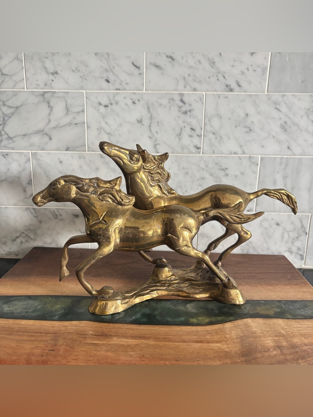 Vintage Mid Century 11” Brass Two Wild Horses Running Figurine Statue